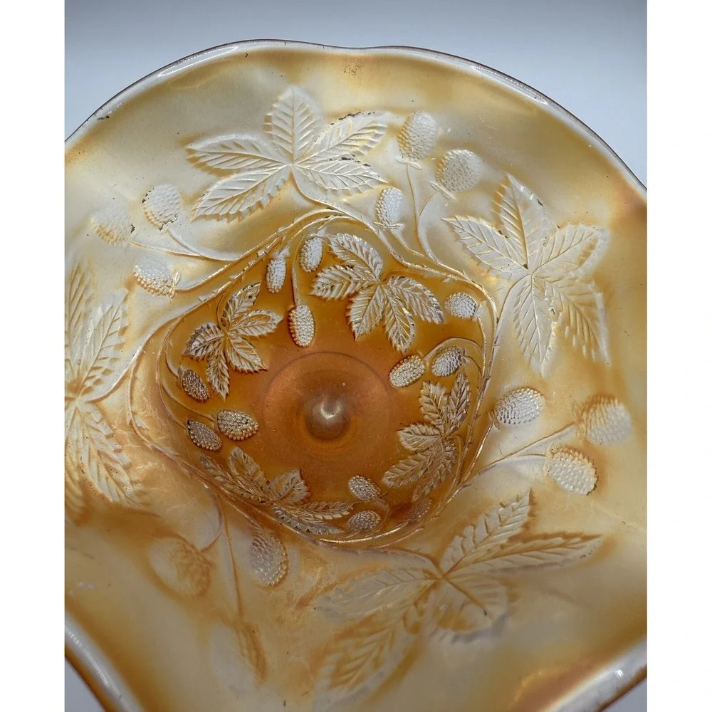 FENTON - Marigold Orange Compote Carnival Glass Crimped Ruffled Edge Footed Bowl